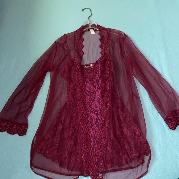 FREDERICK’S OF HOLLYWOOD lingerie eggplant purple sheer robe lace nighty size M